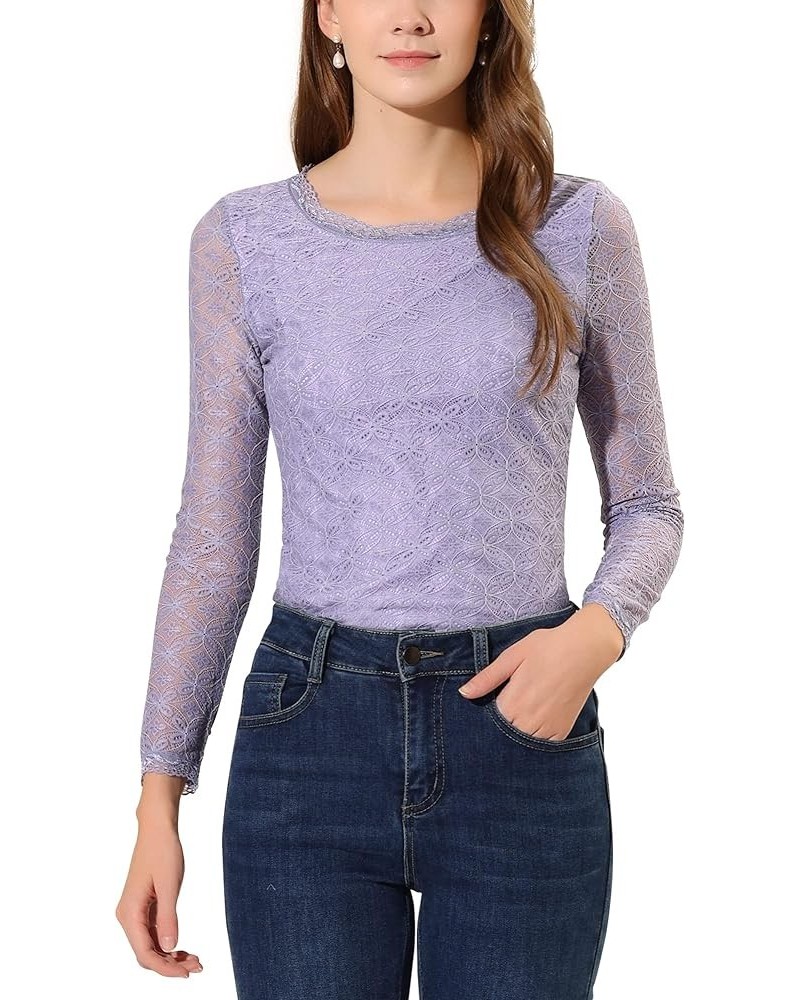 Women's Sheer Long Sleeves Flower Embroidery Lace Top Purple Gray $15.75 Blouses