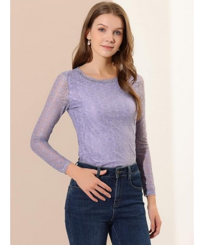 Women's Sheer Long Sleeves Flower Embroidery Lace Top Purple Gray $15.75 Blouses