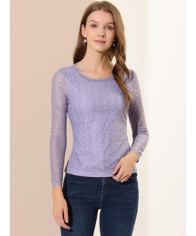 Women's Sheer Long Sleeves Flower Embroidery Lace Top Purple Gray $15.75 Blouses