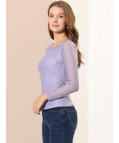 Women's Sheer Long Sleeves Flower Embroidery Lace Top Purple Gray $15.75 Blouses