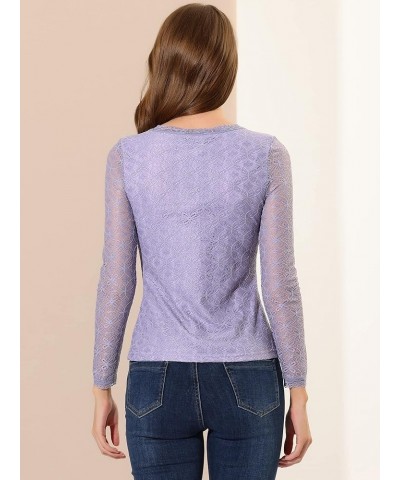 Women's Sheer Long Sleeves Flower Embroidery Lace Top Purple Gray $15.75 Blouses