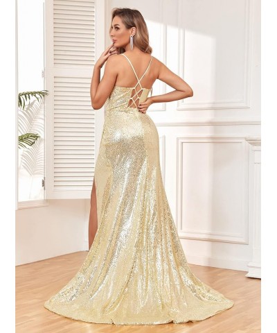 Women's Sequin Prom Dresses for Teens 2024 Sparkly Spaghetti Straps Glitter Ball Gown High Slit Formal Dress Grey $37.79 Dresses