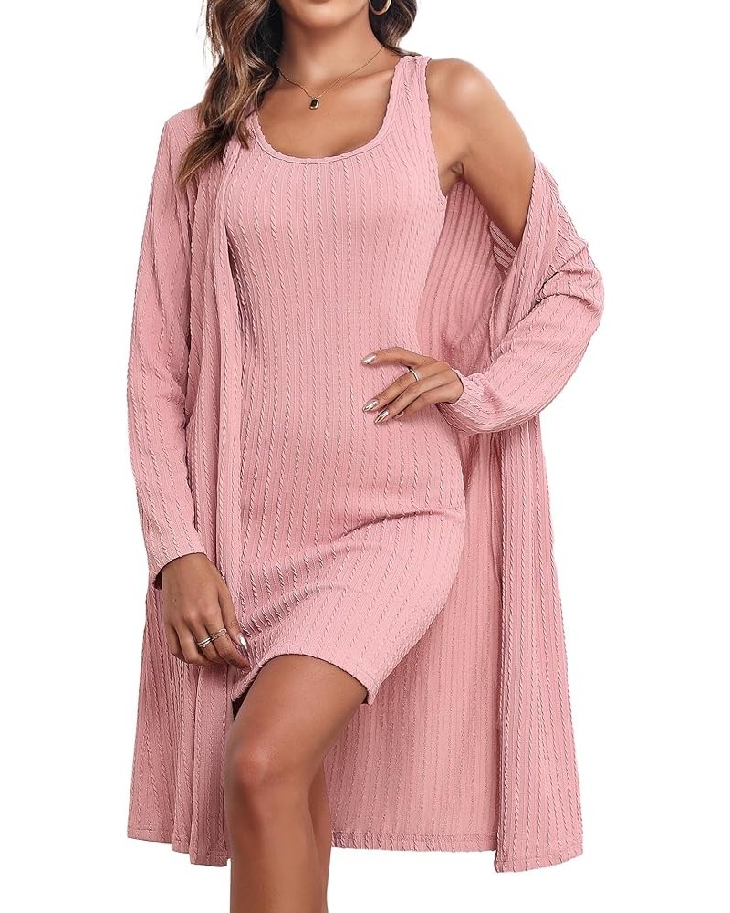 Robe Sets for Women Sleepwear Rib Knit Bodycon Nightgown with Robes Set 2 Piece Soft Lightweight Loungewear S-XXL Misty Rose ...