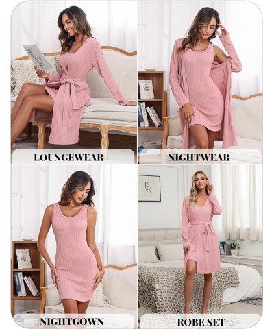 Robe Sets for Women Sleepwear Rib Knit Bodycon Nightgown with Robes Set 2 Piece Soft Lightweight Loungewear S-XXL Misty Rose ...