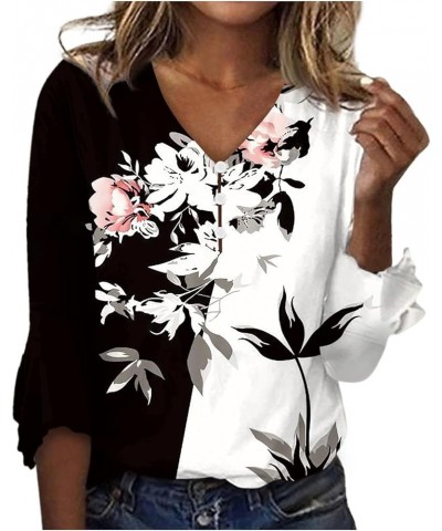 Tops for Women 2024 3/4 Length Sleeve Bell Henley V Neck Basic Tops Printed Graphic Fall Button Up Shirt O40-black $9.62 Tops