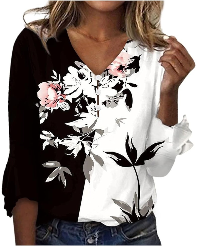 Tops for Women 2024 3/4 Length Sleeve Bell Henley V Neck Basic Tops Printed Graphic Fall Button Up Shirt O40-black $9.62 Tops