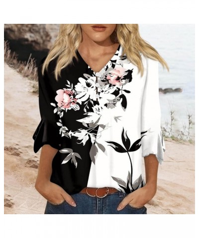 Tops for Women 2024 3/4 Length Sleeve Bell Henley V Neck Basic Tops Printed Graphic Fall Button Up Shirt O40-black $9.62 Tops