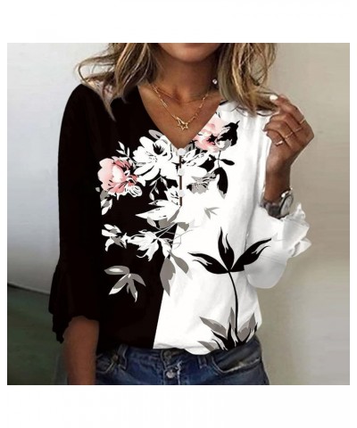 Tops for Women 2024 3/4 Length Sleeve Bell Henley V Neck Basic Tops Printed Graphic Fall Button Up Shirt O40-black $9.62 Tops