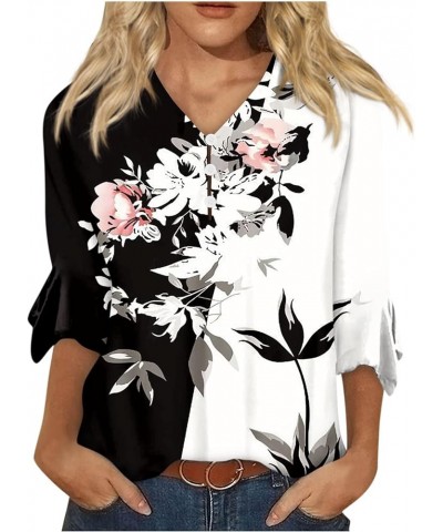 Tops for Women 2024 3/4 Length Sleeve Bell Henley V Neck Basic Tops Printed Graphic Fall Button Up Shirt O40-black $9.62 Tops