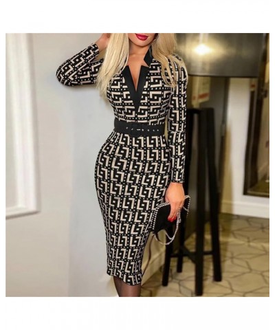 Sheath Dress Women Slim Office Long Sleeve V-Neck High Waist with Belt Printed Plaid Lady S10 $19.49 Dresses