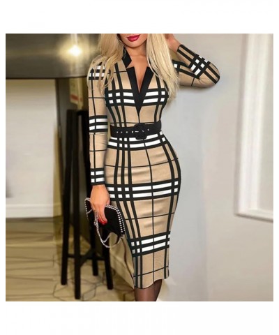 Sheath Dress Women Slim Office Long Sleeve V-Neck High Waist with Belt Printed Plaid Lady S10 $19.49 Dresses