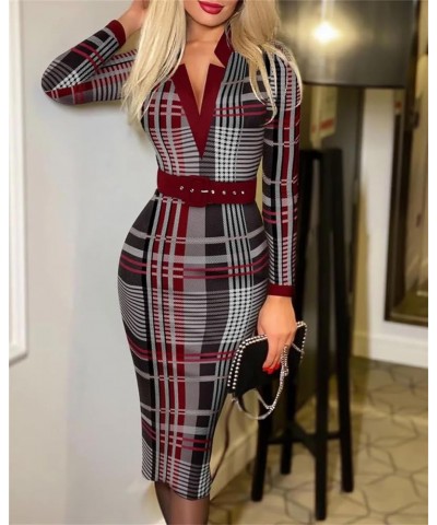 Sheath Dress Women Slim Office Long Sleeve V-Neck High Waist with Belt Printed Plaid Lady S10 $19.49 Dresses