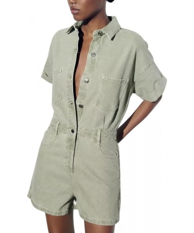 Womens Short Sleeve Denim Rompers Shorts Button Up Cropped Jean Jumpsuits Outfit Sagegreen $28.55 Rompers