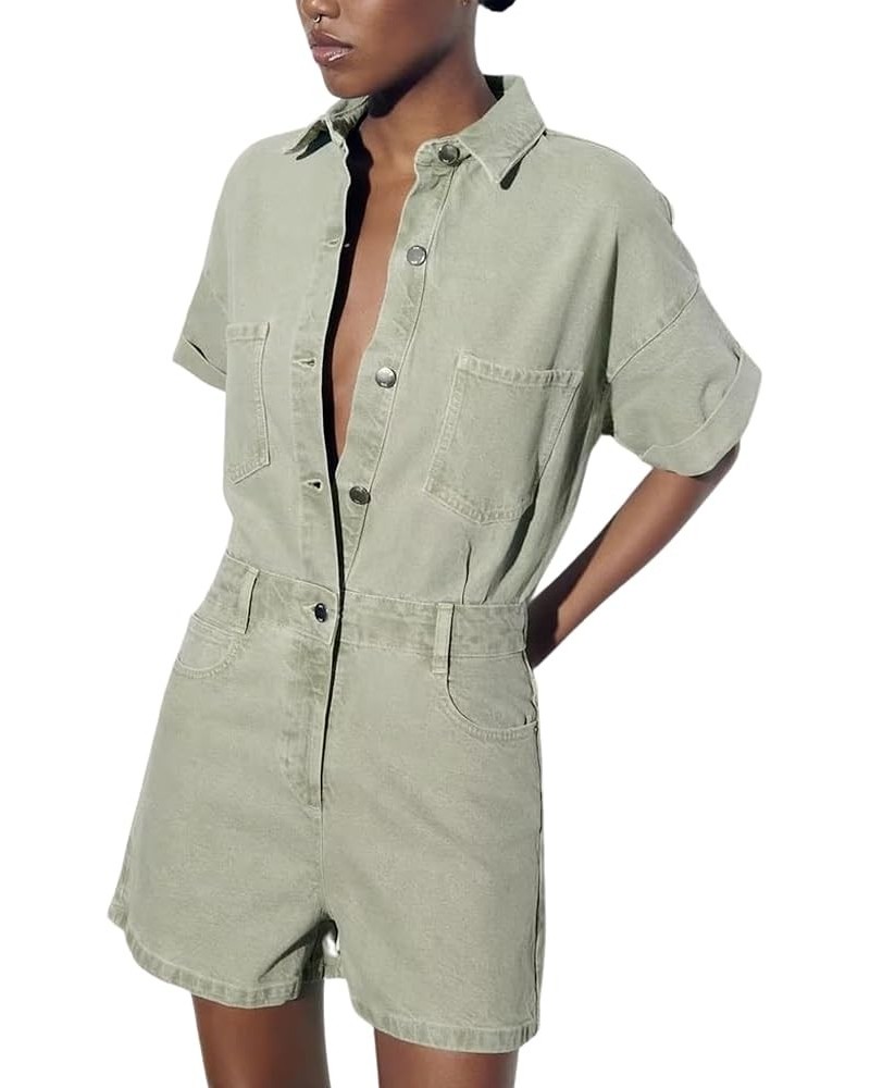 Womens Short Sleeve Denim Rompers Shorts Button Up Cropped Jean Jumpsuits Outfit Sagegreen $28.55 Rompers