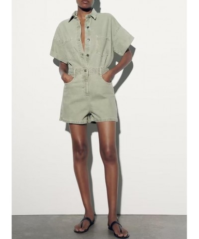 Womens Short Sleeve Denim Rompers Shorts Button Up Cropped Jean Jumpsuits Outfit Sagegreen $28.55 Rompers