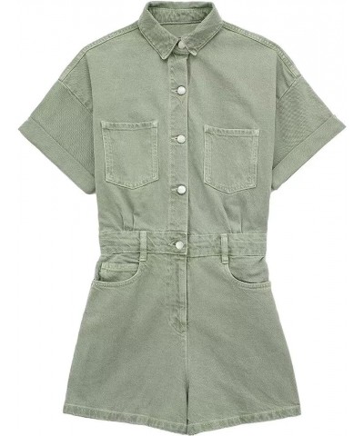 Womens Short Sleeve Denim Rompers Shorts Button Up Cropped Jean Jumpsuits Outfit Sagegreen $28.55 Rompers