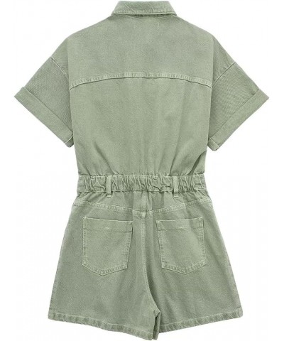 Womens Short Sleeve Denim Rompers Shorts Button Up Cropped Jean Jumpsuits Outfit Sagegreen $28.55 Rompers