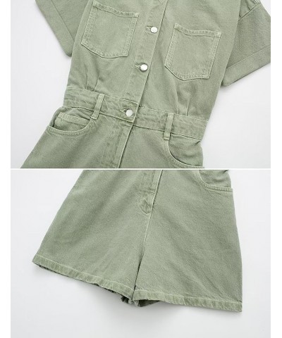 Womens Short Sleeve Denim Rompers Shorts Button Up Cropped Jean Jumpsuits Outfit Sagegreen $28.55 Rompers