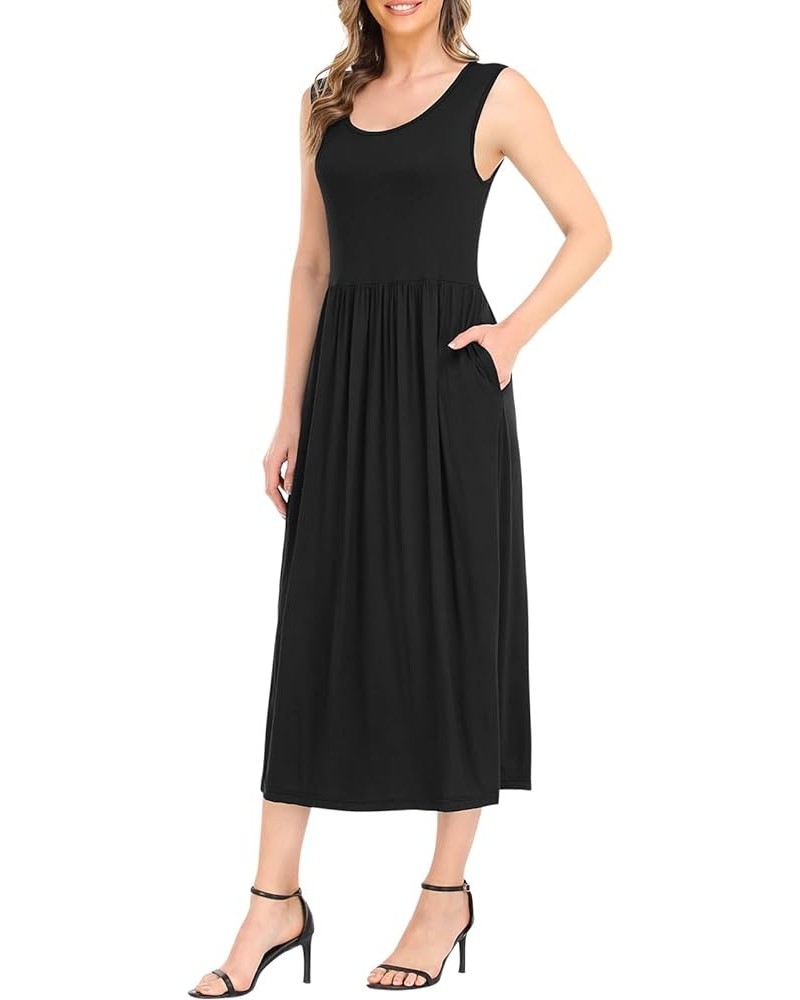 Casual Sleeveless Tank Maxi Dress for Women Scoop Neck Empire Waist with Pockets S-XL Black $10.75 Dresses