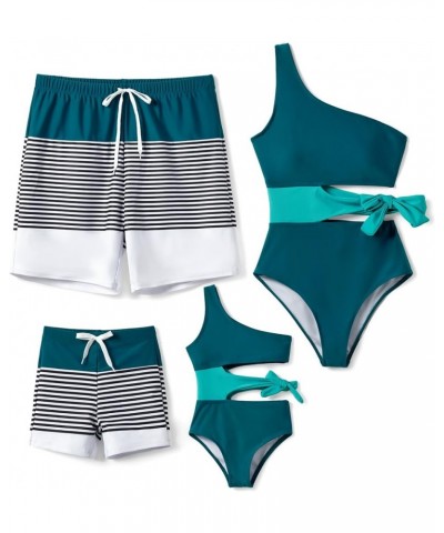 Family Matching Swimsuits Mommy and Me One Shoulder Cutout Colorblock Bathing Suits One Piece Swimwear Sets Women Deepturquoi...