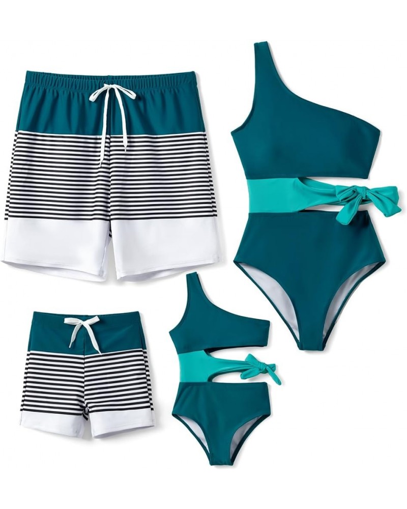 Family Matching Swimsuits Mommy and Me One Shoulder Cutout Colorblock Bathing Suits One Piece Swimwear Sets Women Deepturquoi...