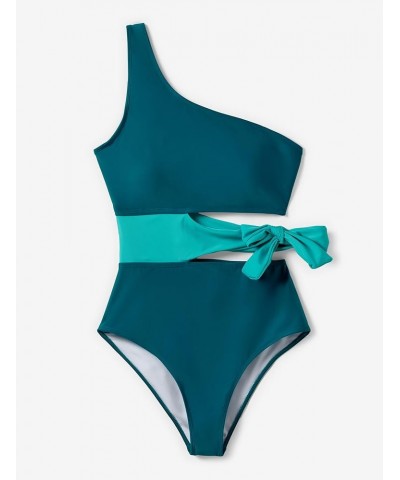 Family Matching Swimsuits Mommy and Me One Shoulder Cutout Colorblock Bathing Suits One Piece Swimwear Sets Women Deepturquoi...