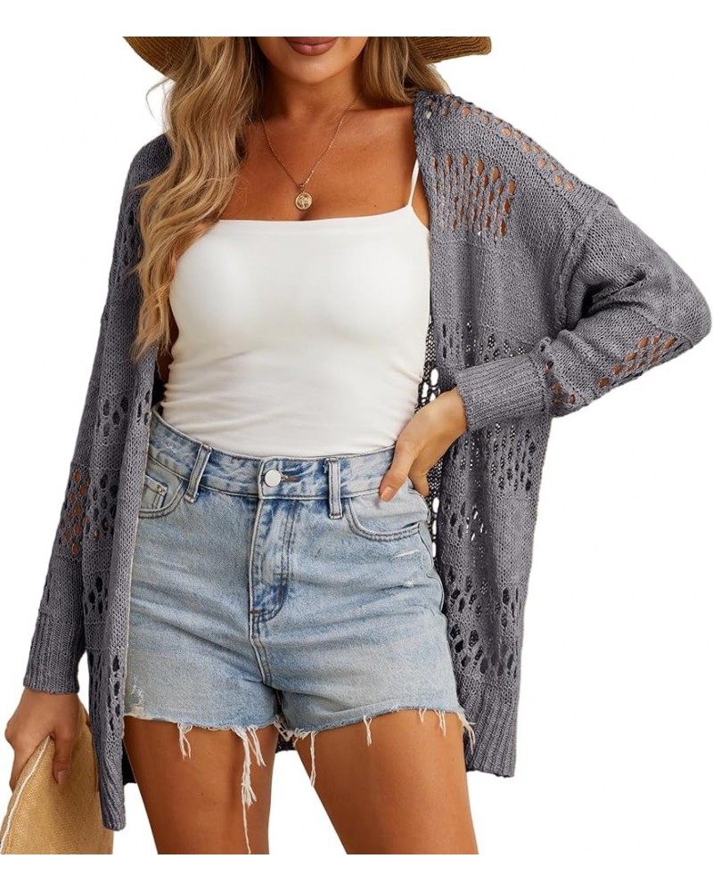 Womens 2024 Summer Crochet Cardigan Sweater Long Sleeve Boho Oversized Open Front Outwear Dark Gray $13.28 Sweaters