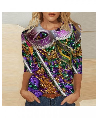 Mardi Gras Outfit for Women Carnival Going Out Tops Trendy 2024 Holiday Graphic Tees 3/4 Length Sleeve Tshirt Shirts 01 Multi...