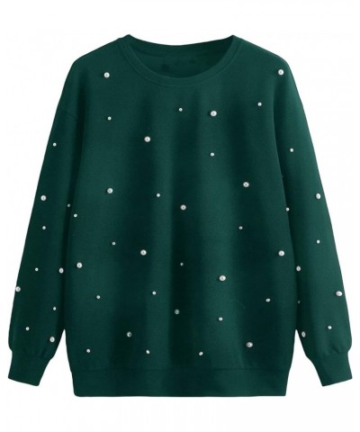 Women's Plus Size Round Neck Long Sleeve Pearl Beaded Sweatshirt Pullovers Dark Green $15.40 Hoodies & Sweatshirts