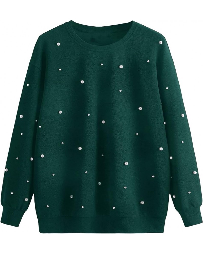 Women's Plus Size Round Neck Long Sleeve Pearl Beaded Sweatshirt Pullovers Dark Green $15.40 Hoodies & Sweatshirts