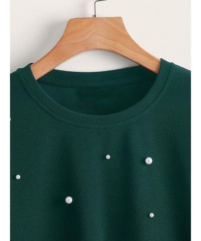 Women's Plus Size Round Neck Long Sleeve Pearl Beaded Sweatshirt Pullovers Dark Green $15.40 Hoodies & Sweatshirts