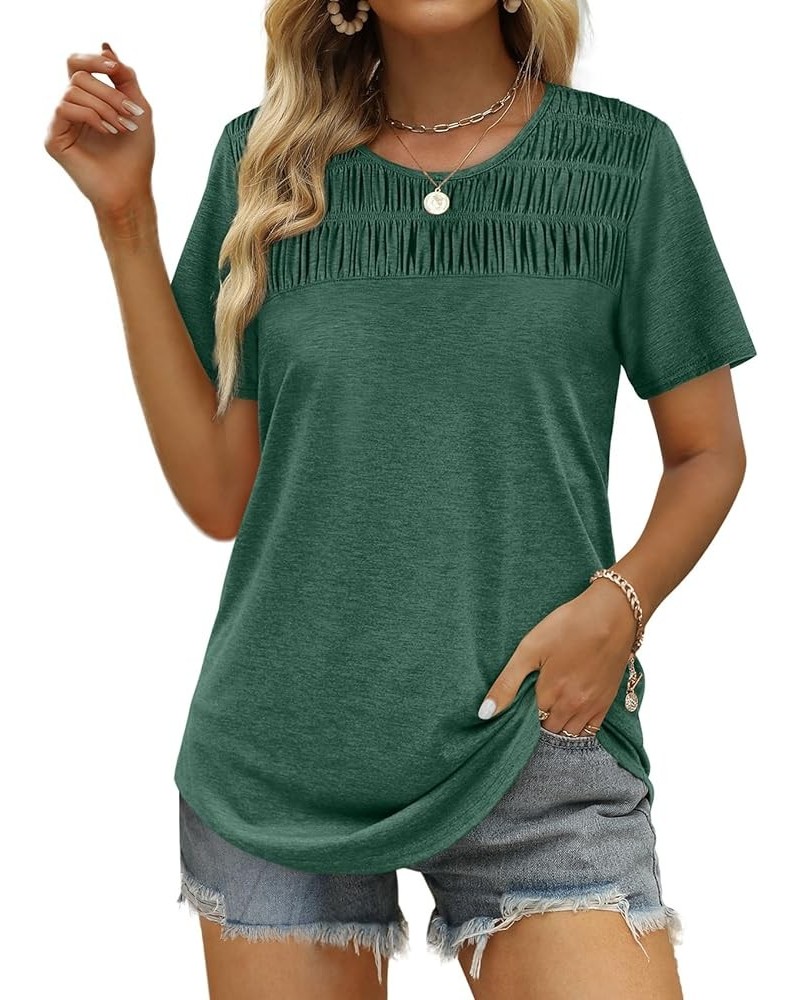 Women's Summer Tops 2024 Trendy Short Sleeve Shirts Smocked Crewneck Tee Green $10.81 T-Shirts