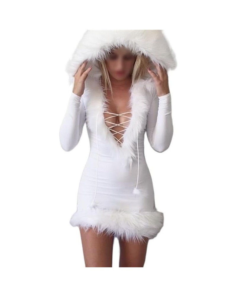 Women Sexy Fur Hoodie Dress Long Sleeve Bodycon Mini Dress Y2k Short Party Club Dress Streetwear White 9a $14.99 Dresses