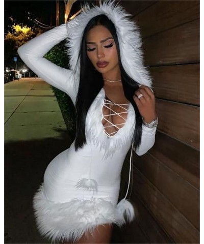 Women Sexy Fur Hoodie Dress Long Sleeve Bodycon Mini Dress Y2k Short Party Club Dress Streetwear White 9a $14.99 Dresses