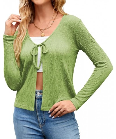 Women's Tie Front Long Sleeve Ribbed Knit Cardigan Crop Top 0093-green $12.30 Sweaters