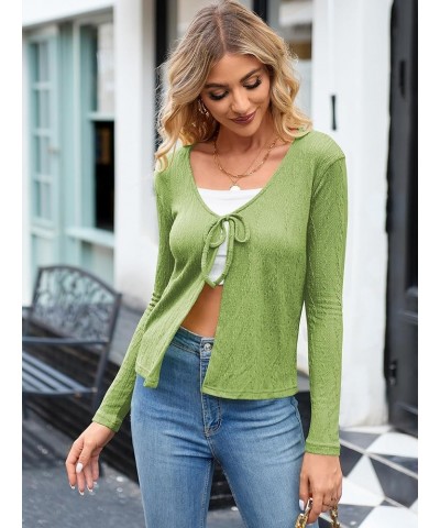 Women's Tie Front Long Sleeve Ribbed Knit Cardigan Crop Top 0093-green $12.30 Sweaters