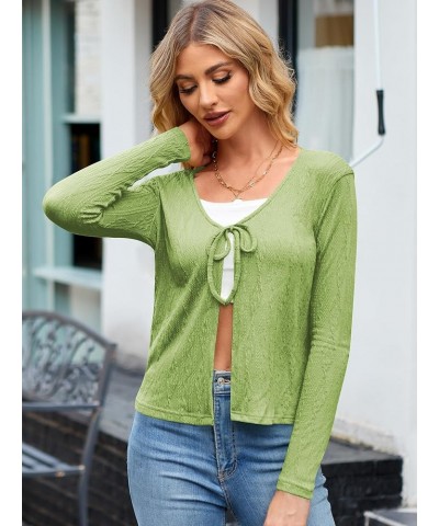 Women's Tie Front Long Sleeve Ribbed Knit Cardigan Crop Top 0093-green $12.30 Sweaters