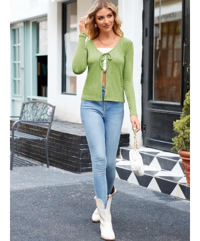 Women's Tie Front Long Sleeve Ribbed Knit Cardigan Crop Top 0093-green $12.30 Sweaters