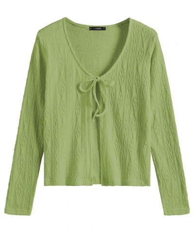 Women's Tie Front Long Sleeve Ribbed Knit Cardigan Crop Top 0093-green $12.30 Sweaters