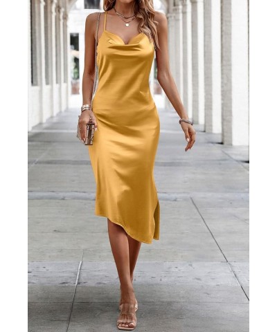 Women's Satin Dress Sleeveless Spaghetti Strap Side Slit Cowl Neck Midi Bodycon Dresses Champagne $12.25 Dresses