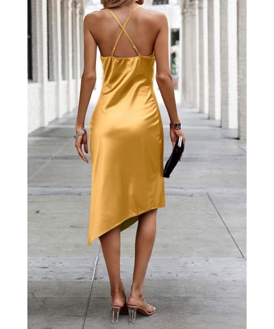 Women's Satin Dress Sleeveless Spaghetti Strap Side Slit Cowl Neck Midi Bodycon Dresses Champagne $12.25 Dresses