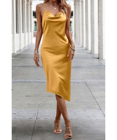 Women's Satin Dress Sleeveless Spaghetti Strap Side Slit Cowl Neck Midi Bodycon Dresses Champagne $12.25 Dresses