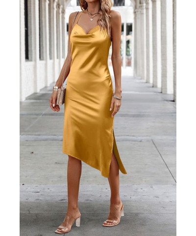 Women's Satin Dress Sleeveless Spaghetti Strap Side Slit Cowl Neck Midi Bodycon Dresses Champagne $12.25 Dresses