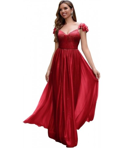 Cap Sleeve Bridesmaid Dresses for Women Long V Neck Ruffled Split Glittery Long Formal Evening Dress with Pocket Red $34.14 D...