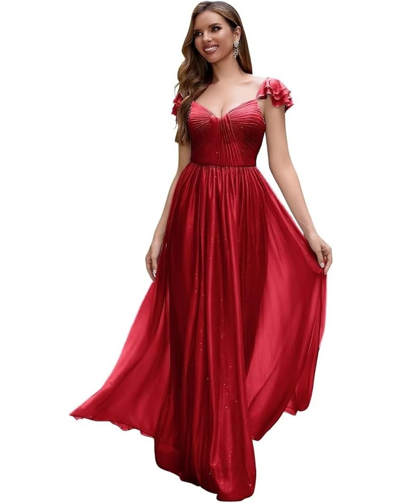 Cap Sleeve Bridesmaid Dresses for Women Long V Neck Ruffled Split Glittery Long Formal Evening Dress with Pocket Red $34.14 D...