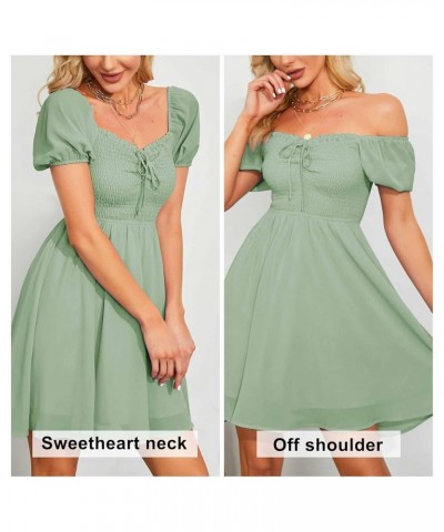 Women's Sweetheart Neckline Dress Smocked Sundress Puff Short Sleeve Drawstring Dresses Light Gray Green $24.00 Dresses