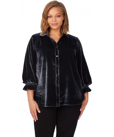 Women's Riven Long Sleeve Plush Velvet Blouse Black $17.64 Blouses