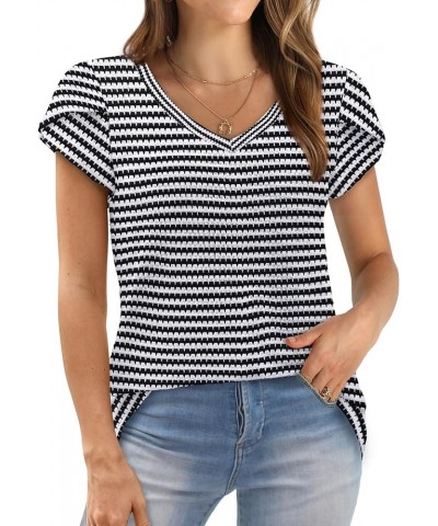 Womens Tops Dressy Casual Short Sleeve Summer Shirts Loose Fit Fashion V Neck Waffle Knit Z4-stripedblack $12.75 Tops