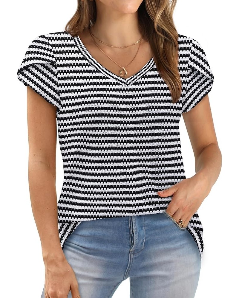 Womens Tops Dressy Casual Short Sleeve Summer Shirts Loose Fit Fashion V Neck Waffle Knit Z4-stripedblack $12.75 Tops