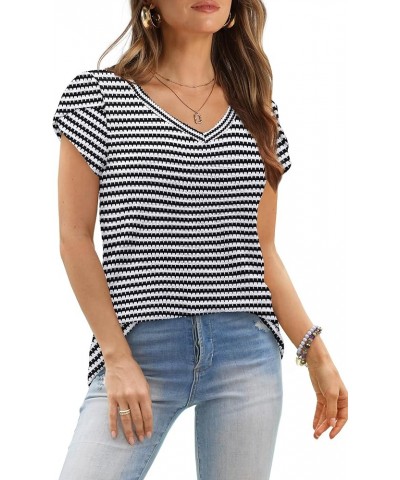 Womens Tops Dressy Casual Short Sleeve Summer Shirts Loose Fit Fashion V Neck Waffle Knit Z4-stripedblack $12.75 Tops